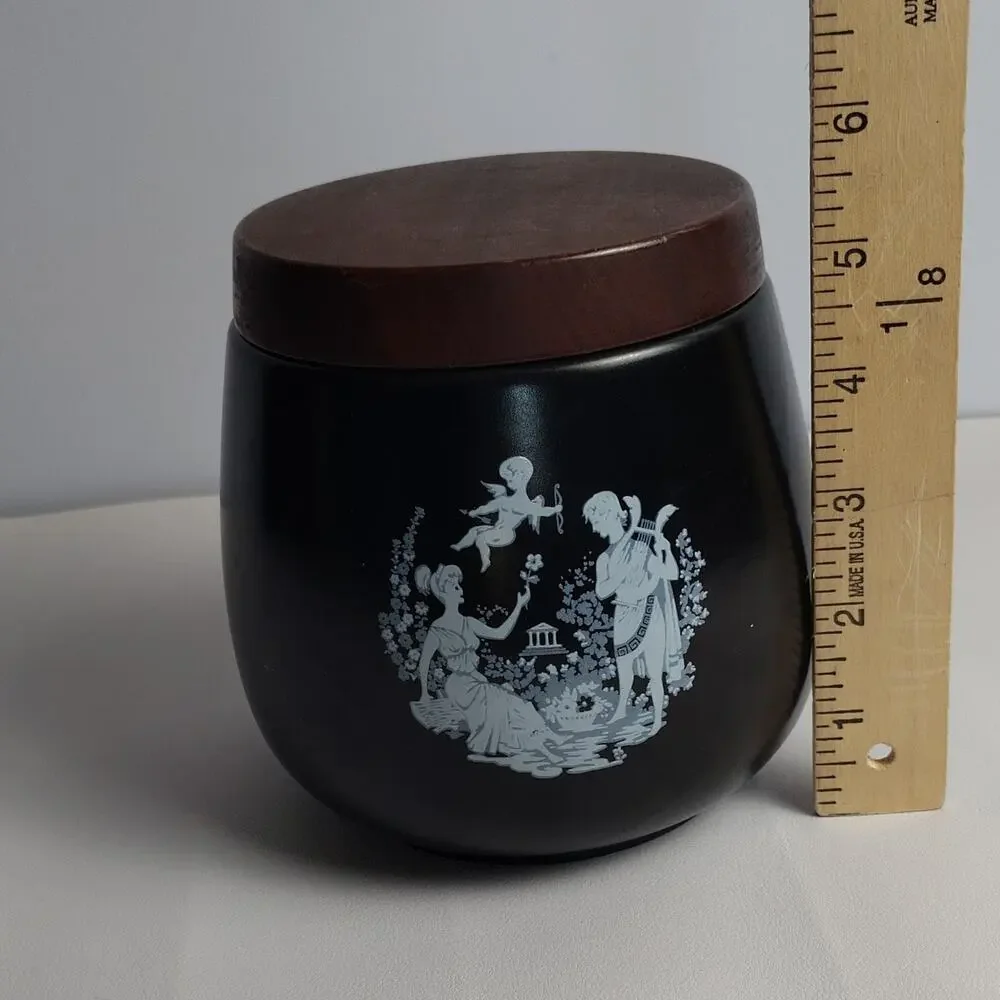Vintage Ceramic Jar Canister Black White Brown Classical Scene Wood Lid Italy